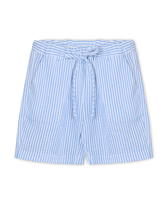 Cha Cha Shorts in Marina Striped, blue and white striped cotton shorts with drawstring and pockets, front