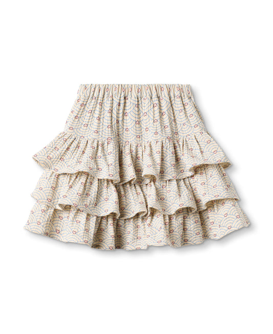 Back of the sand-coloured tiered ruffle skirt, showing the elasticated waistband and gathered tiers