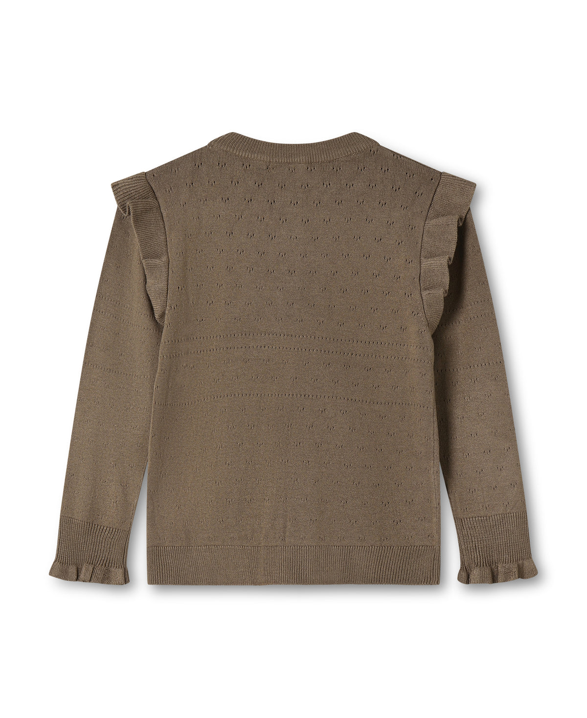 A brown pointelle knit cardigan sweater with eyelet patterns, ruffled shoulder details, and ruffled cuffs, shown from the back on a white background.