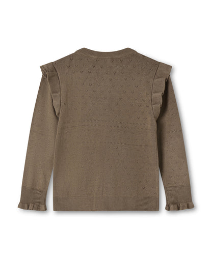 A brown pointelle knit cardigan sweater with eyelet patterns, ruffled shoulder details, and ruffled cuffs, shown from the back on a white background.