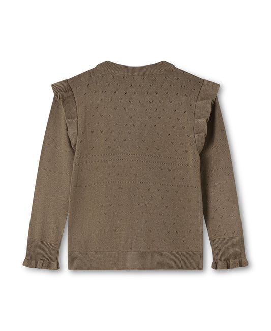 A brown pointelle knit cardigan sweater with eyelet patterns, ruffled shoulder details, and ruffled cuffs, shown from the back on a white background.