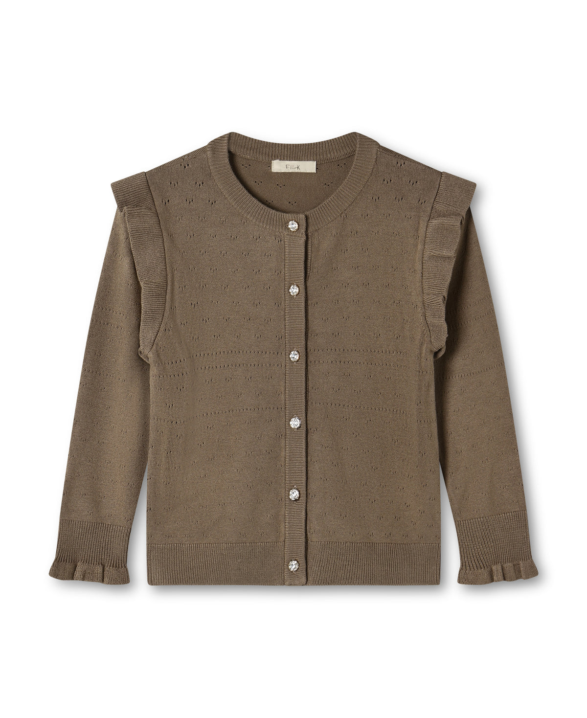 Olive-brown pointelle knit cardigan for children, with ruffled shoulders and gold buttons, front view