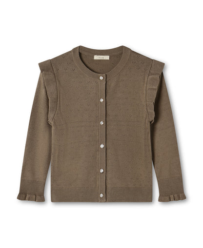 Olive-brown pointelle knit cardigan for children, with ruffled shoulders and gold buttons, front view