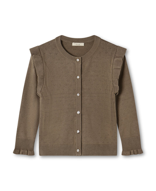 Olive-brown pointelle knit cardigan for children, with ruffled shoulders and gold buttons, front view