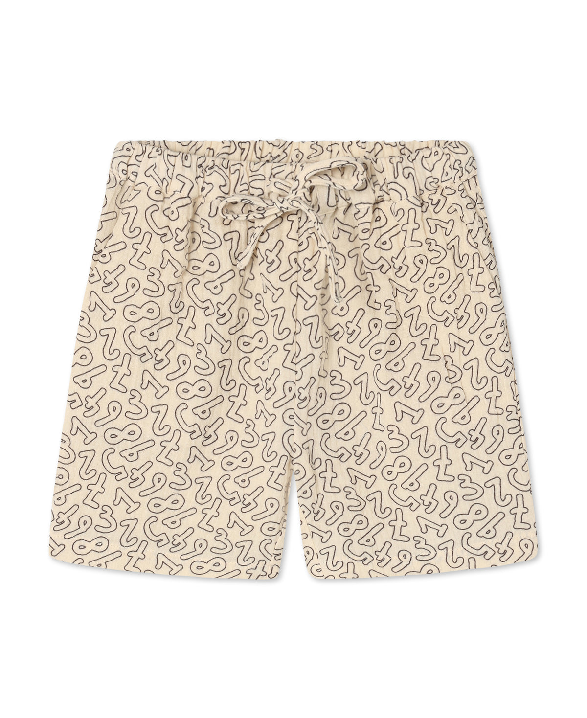 Elmo Shorts in Coffee Bean / Sandshell, cream cotton shorts with a brown squiggle print and drawstring waist, front