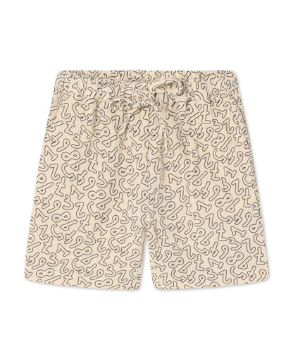 Elmo Shorts in Coffee Bean / Sandshell, cream cotton shorts with a brown squiggle print and drawstring waist, front