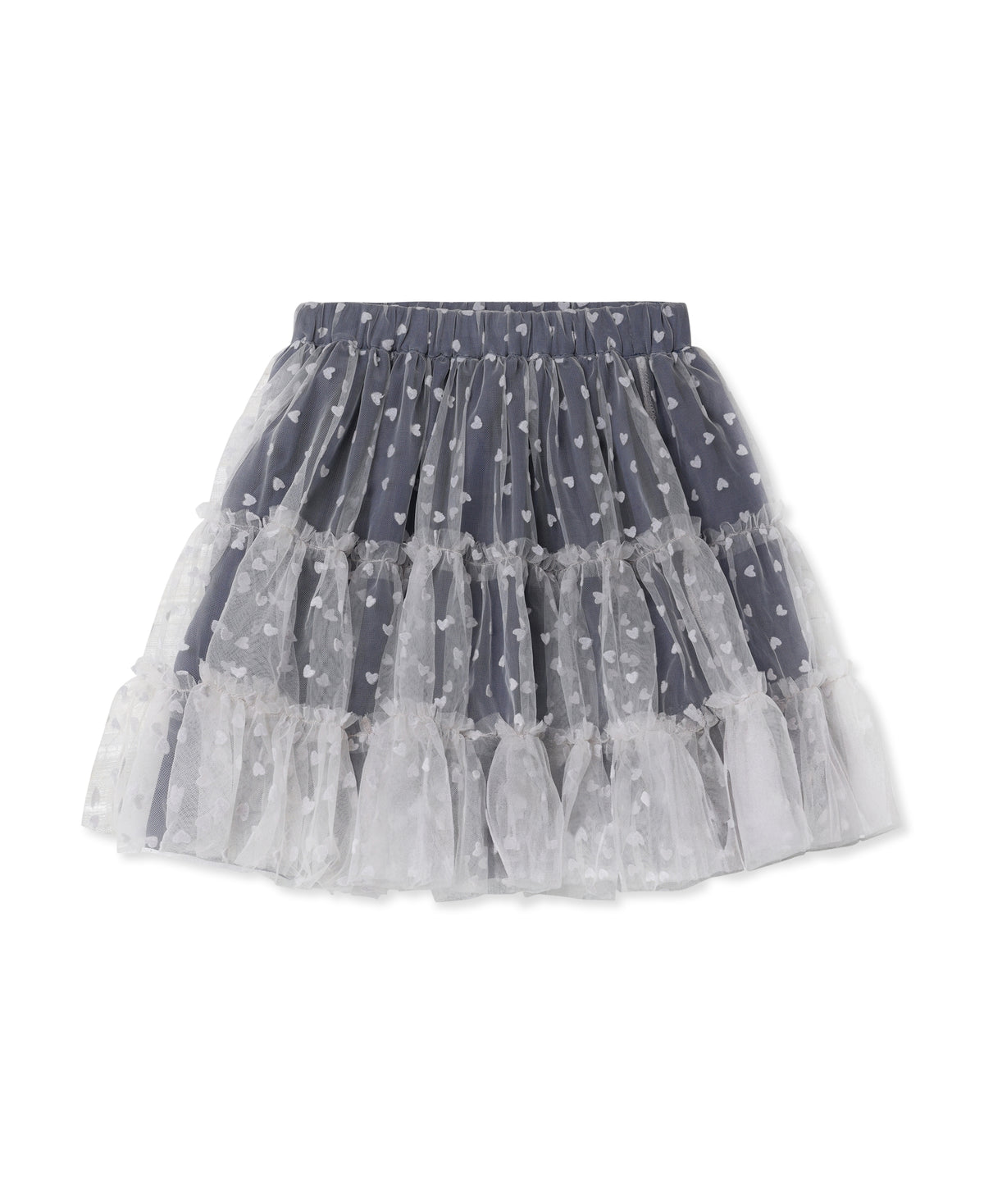 Tulle Skirt in Slate, three layers of navy tulle with small hearts and a sheer ruffle hem, front