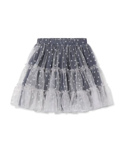 Tulle Skirt in Slate, three layers of navy tulle with small hearts and a sheer ruffle hem, front