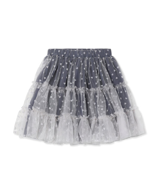 Tulle Skirt in Slate, three layers of navy tulle with small hearts and a sheer ruffle hem, front