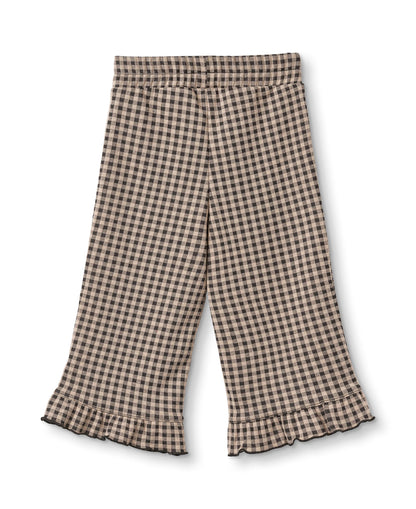 Ella Pant in Sandshell / Coffee Bean, brown gingham cropped pants with a ruffle hem, front