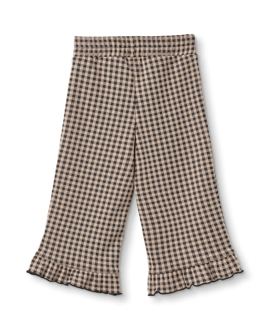 Ella Pant in Sandshell / Coffee Bean, brown gingham cropped pants with a ruffle hem, front