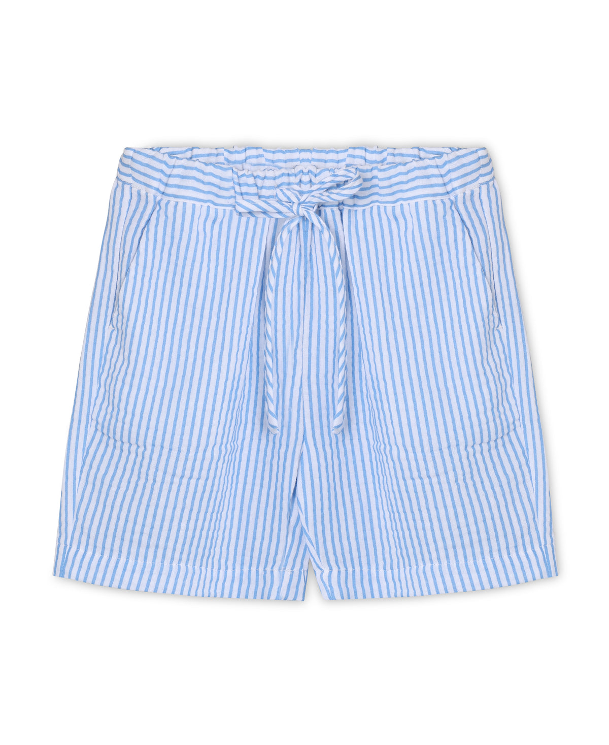 Cha Cha Shorts in Marina Striped, blue and white striped cotton shorts with drawstring and pockets, front