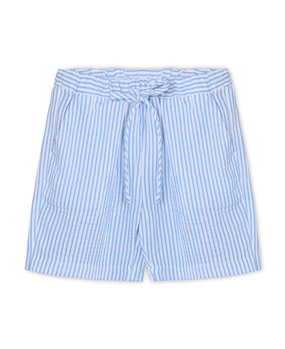 Cha Cha Shorts in Marina Striped, blue and white striped cotton shorts with drawstring and pockets, front