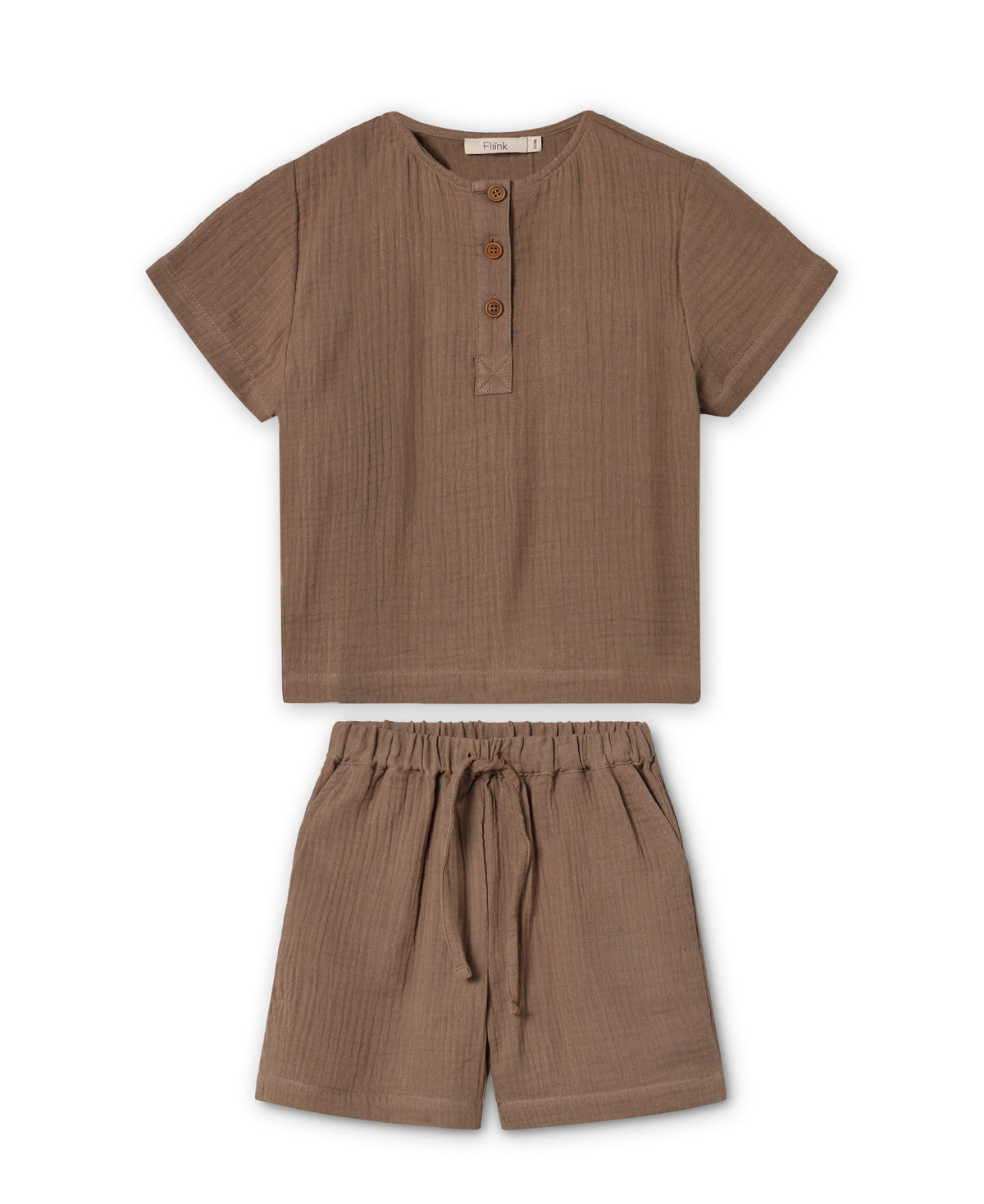 Cha Cha Short Set in Pine Bark, a brown short-sleeve button top and matching shorts, front