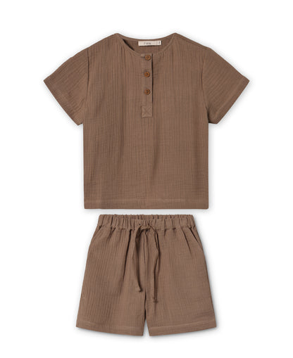 Cha Cha Short Set in Pine Bark, a brown short-sleeve button top and matching shorts, front
