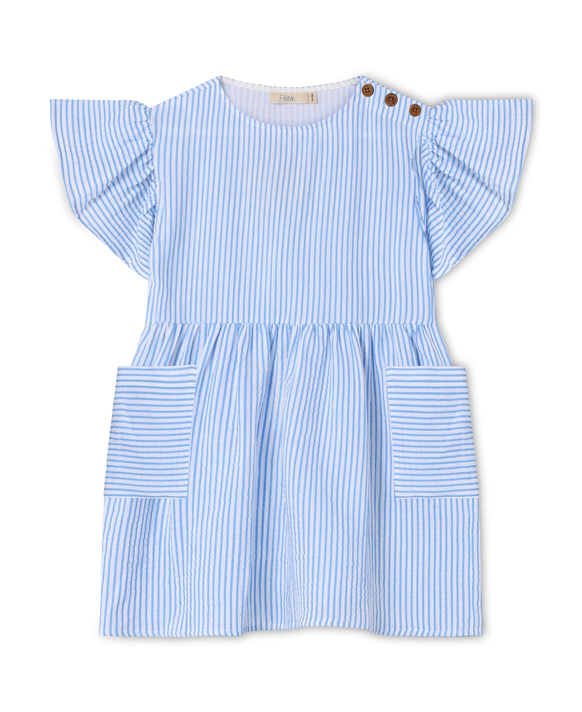Cha Cha Dress in Marina Striped, a blue striped dress with flutter sleeves, pockets and shoulder buttons, front