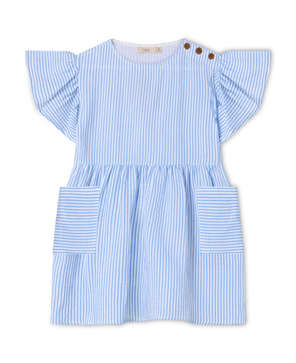 Cha Cha Dress in Marina Striped, a blue striped dress with flutter sleeves, pockets and shoulder buttons, front
