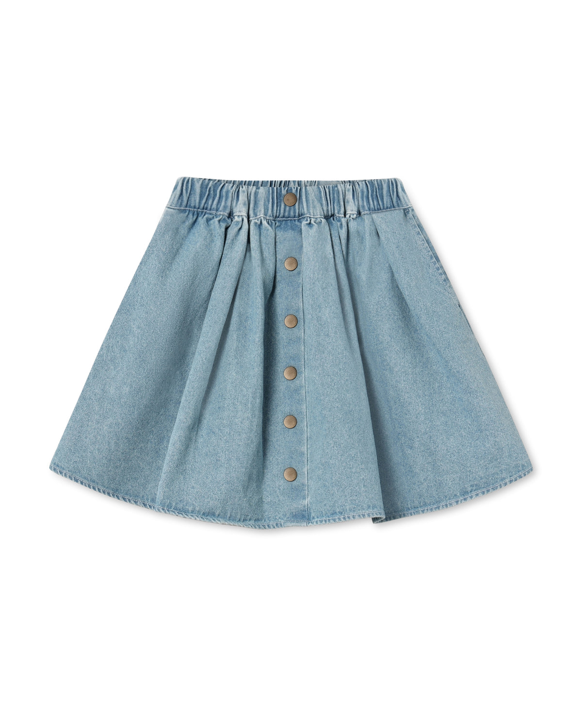 Don Denim Skirt in Light Denim Blue, a button-front skirt with elastic waist, front