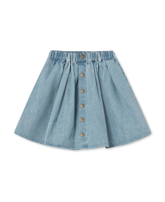 Don Denim Skirt in Light Denim Blue, a button-front skirt with elastic waist, front