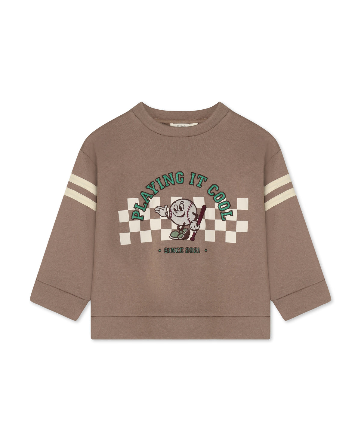 Alvin Cool Sweatshirt in Pine Bark, a brown sweatshirt with 'Playing it cool' print and striped sleeves, front