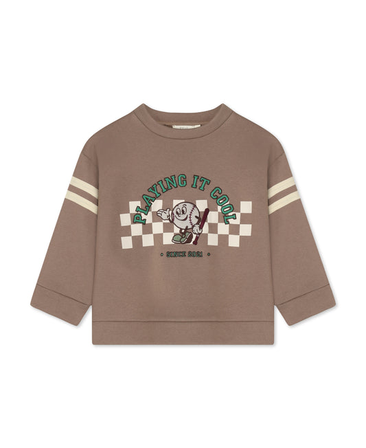 Alvin Cool Sweatshirt in Pine Bark, a brown sweatshirt with 'Playing it cool' print and striped sleeves, front