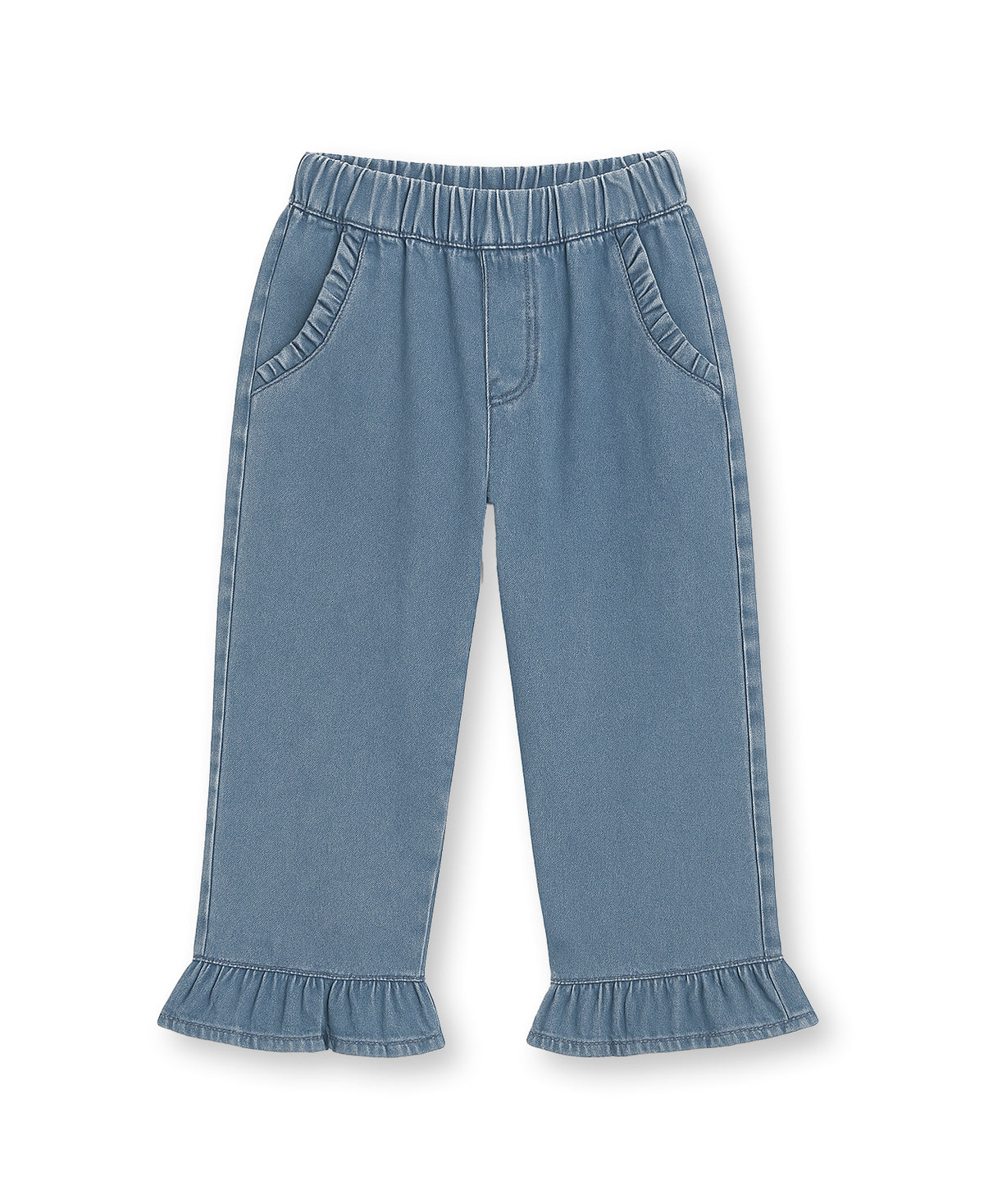 Don Rose Pant in Medium Denim Blue, wide-leg denim with a ruffle hem, front