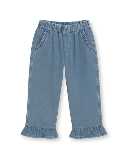 Don Rose Pant in Medium Denim Blue, wide-leg denim with a ruffle hem, front