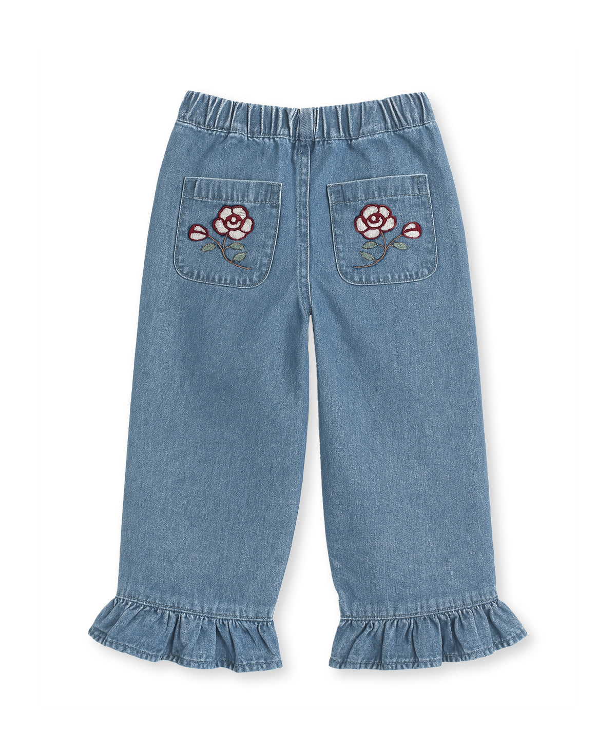 Don Rose Pant in Medium Denim Blue, back view with embroidered rose pockets
