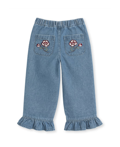 Don Rose Pant in Medium Denim Blue, back view with embroidered rose pockets