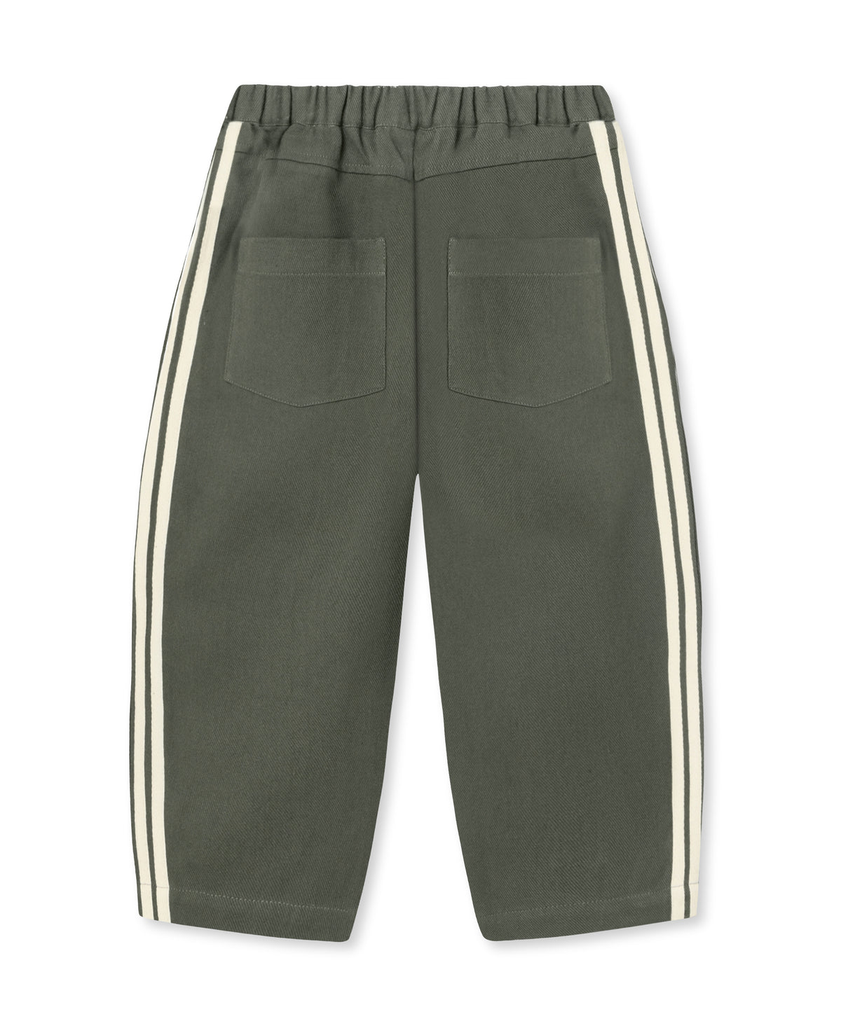 Fliink Donny Pant in beetle green cotton denim, back view showing two patch pockets and cream side stripes