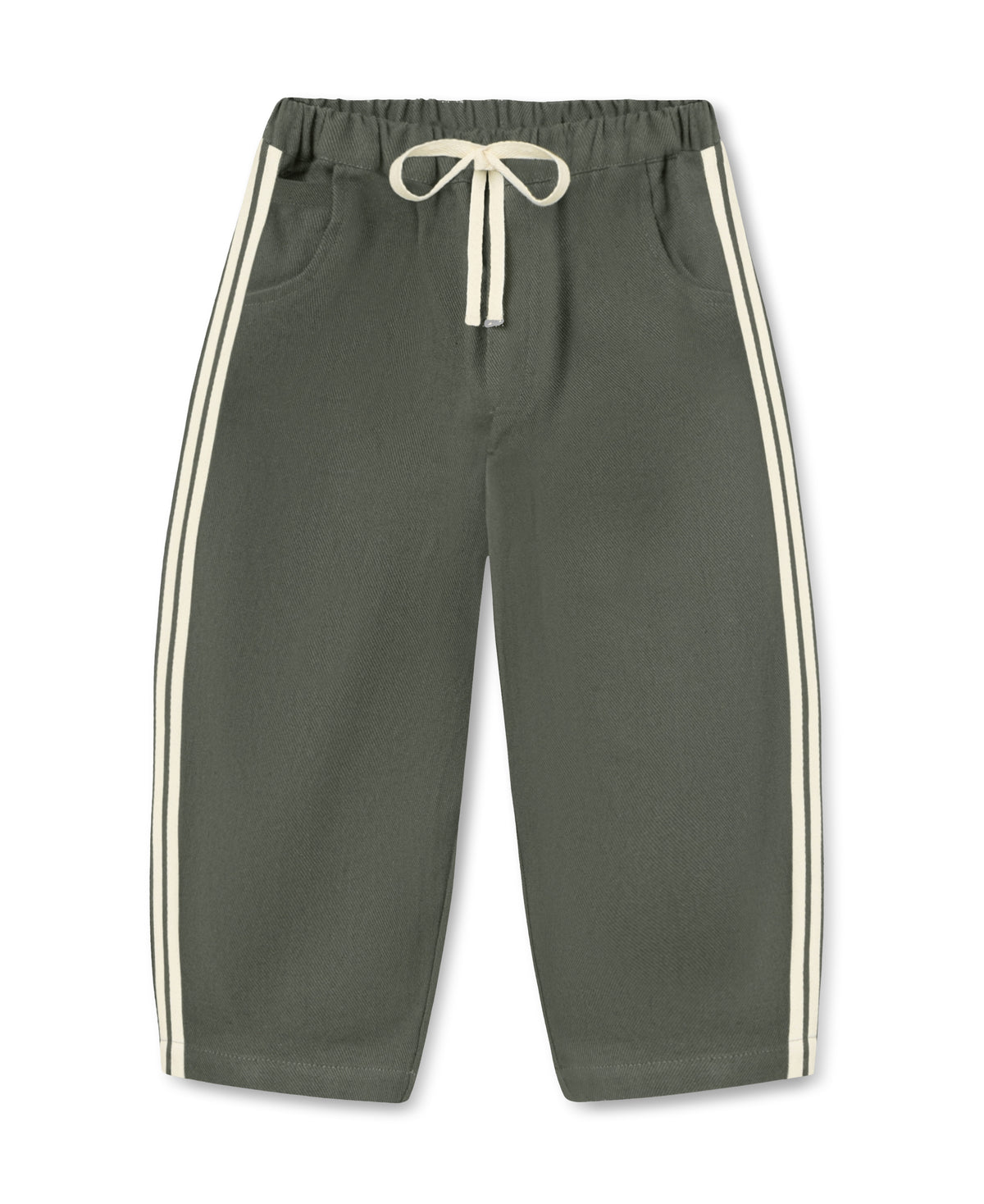 Fliink Donny Pant in beetle green cotton denim, front view with cream side stripes and drawstring waist