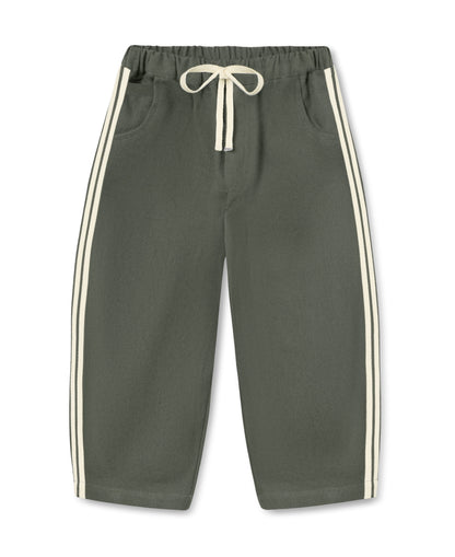 Fliink Donny Pant in beetle green cotton denim, front view with cream side stripes and drawstring waist