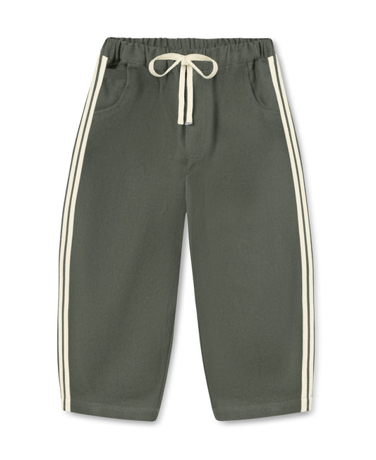 Fliink Donny Pant in beetle green cotton denim, front view with cream side stripes and drawstring waist