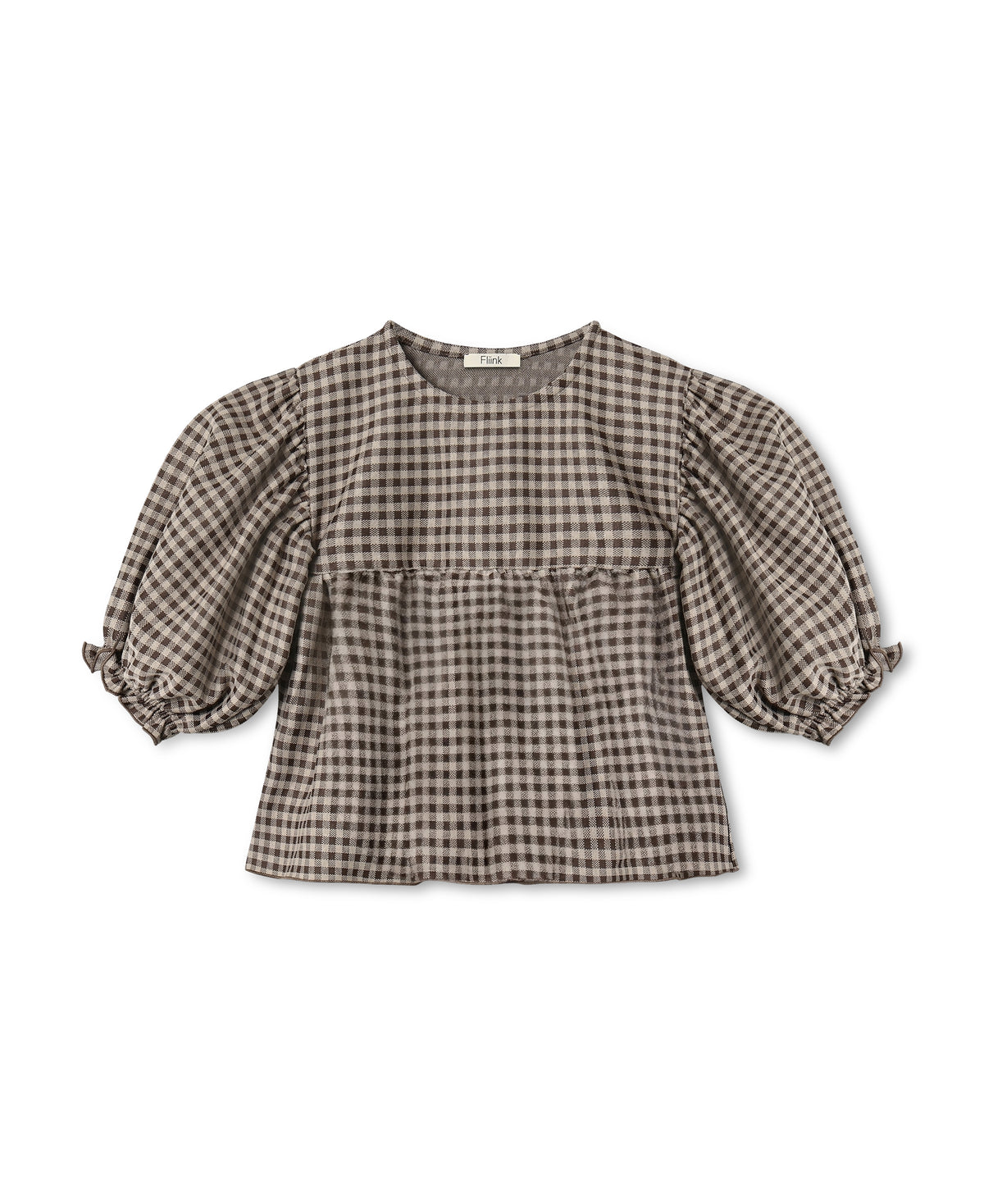 Ella Blouse in Sandshell / Coffee Bean, a brown gingham blouse with puff sleeves, front