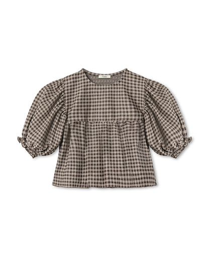 Ella Blouse in Sandshell / Coffee Bean, a brown gingham blouse with puff sleeves, front