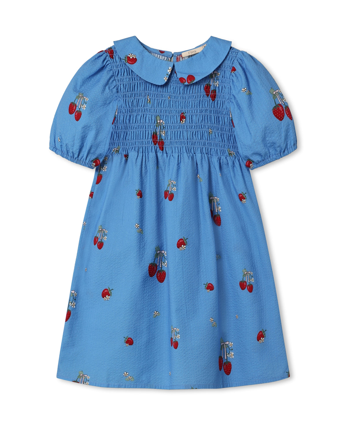 Elma Dress in Marina Blue, a smocked blue dress with a Peter Pan collar and strawberry print, front