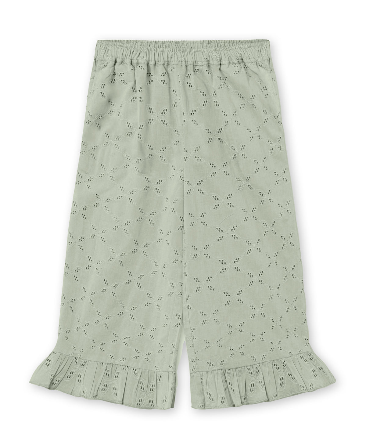 Harper Ruffle Pant in Aqua Grey, sage broderie cotton pants with a ruffle hem, front