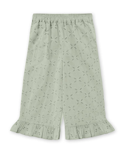 Harper Ruffle Pant in Aqua Grey, sage broderie cotton pants with a ruffle hem, front