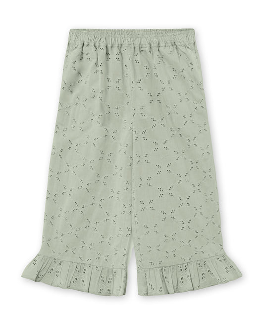 Harper Ruffle Pant in Aqua Grey, sage broderie cotton pants with a ruffle hem, front