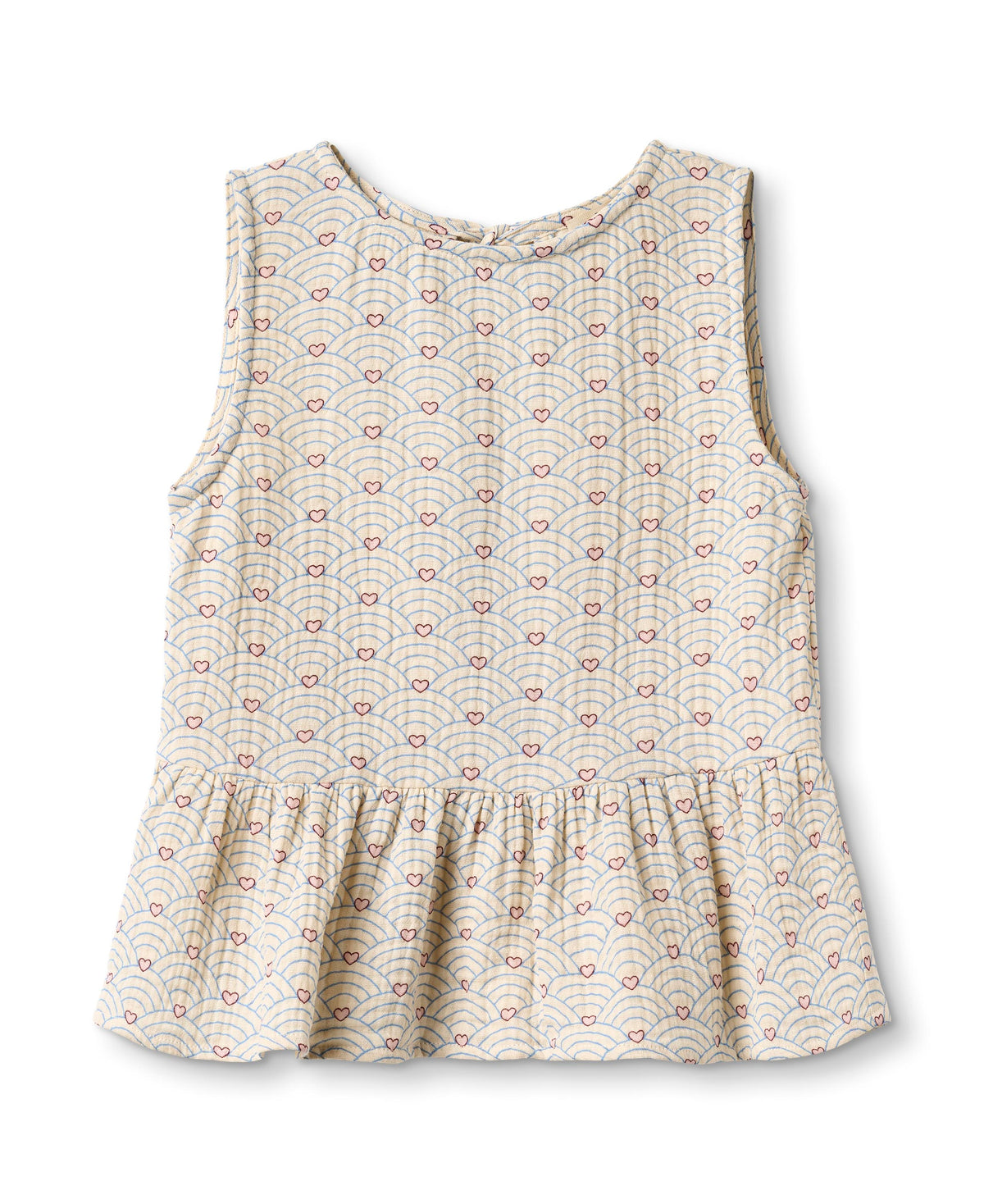Bridget Top in Sandshell, a sleeveless cream printed top with a peplum hem, front
