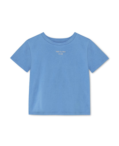 Sommer Club T-shirt in Marina, a blue cotton tee with a small chest print, front