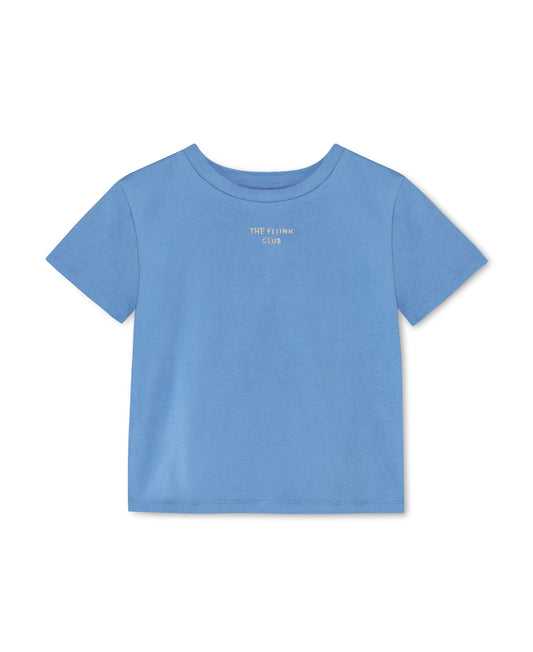 Sommer Club T-shirt in Marina, a blue cotton tee with a small chest print, front