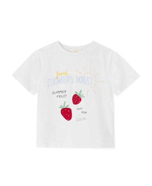 Sommer Strawberry T-shirt in Cloud Dancer, a white tee with a 'Summer fruit' strawberry print, front