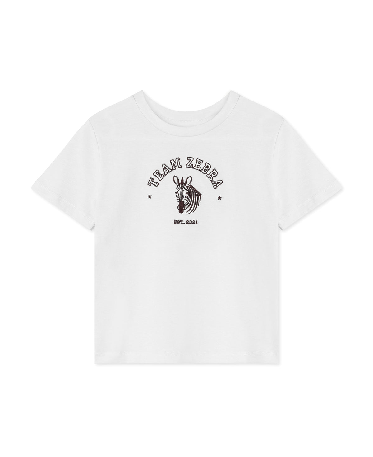 White organic cotton t-shirt with a Team Zebra print and zebra graphic on the chest
