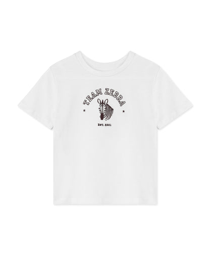 White organic cotton t-shirt with a Team Zebra print and zebra graphic on the chest