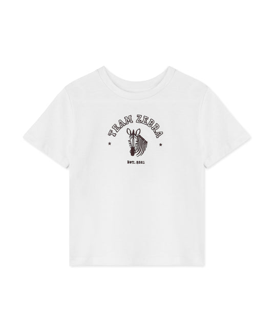 White organic cotton t-shirt with a Team Zebra print and zebra graphic on the chest