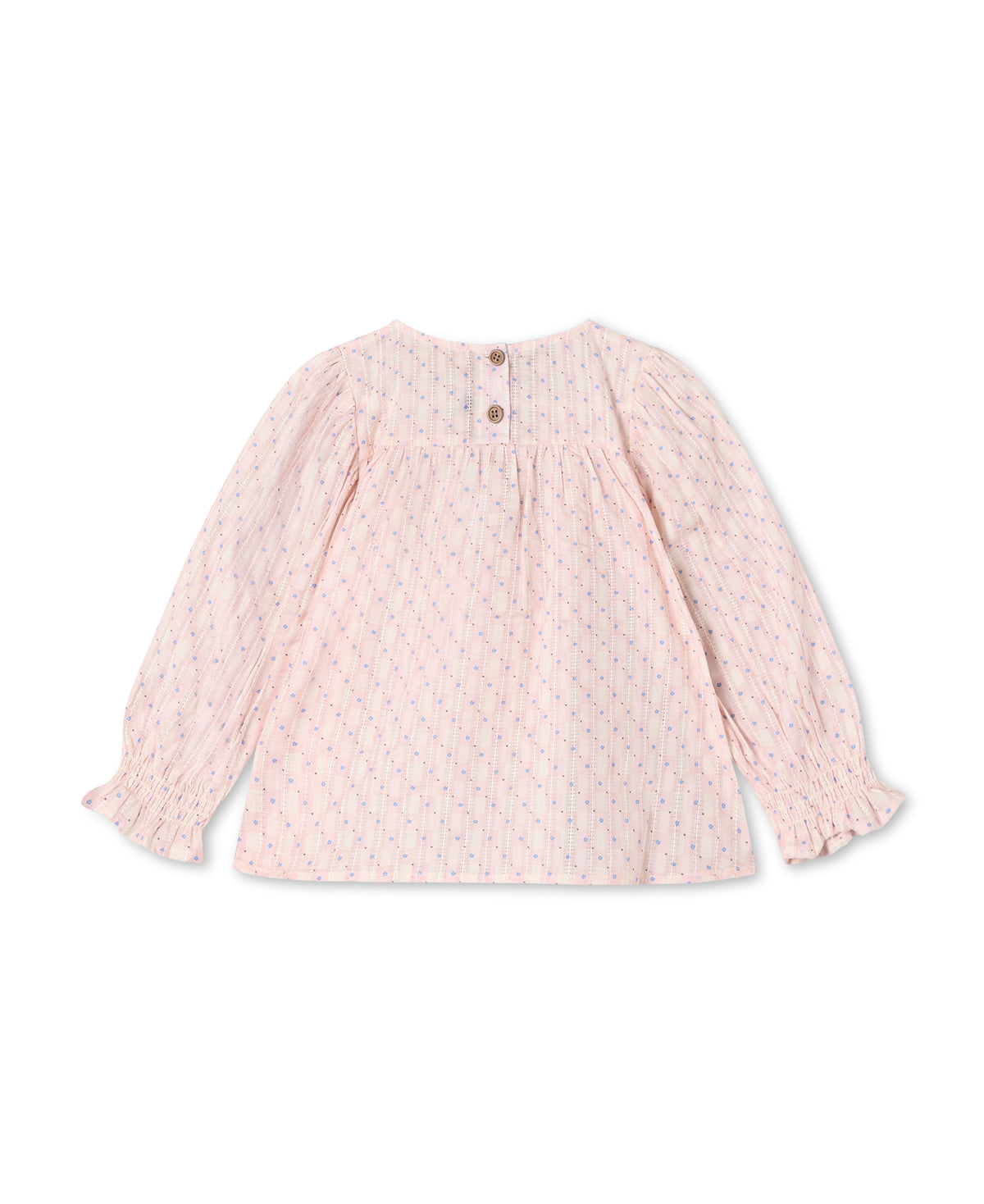 Back of the chalk pink blouse, showing the button fastening at the neck
