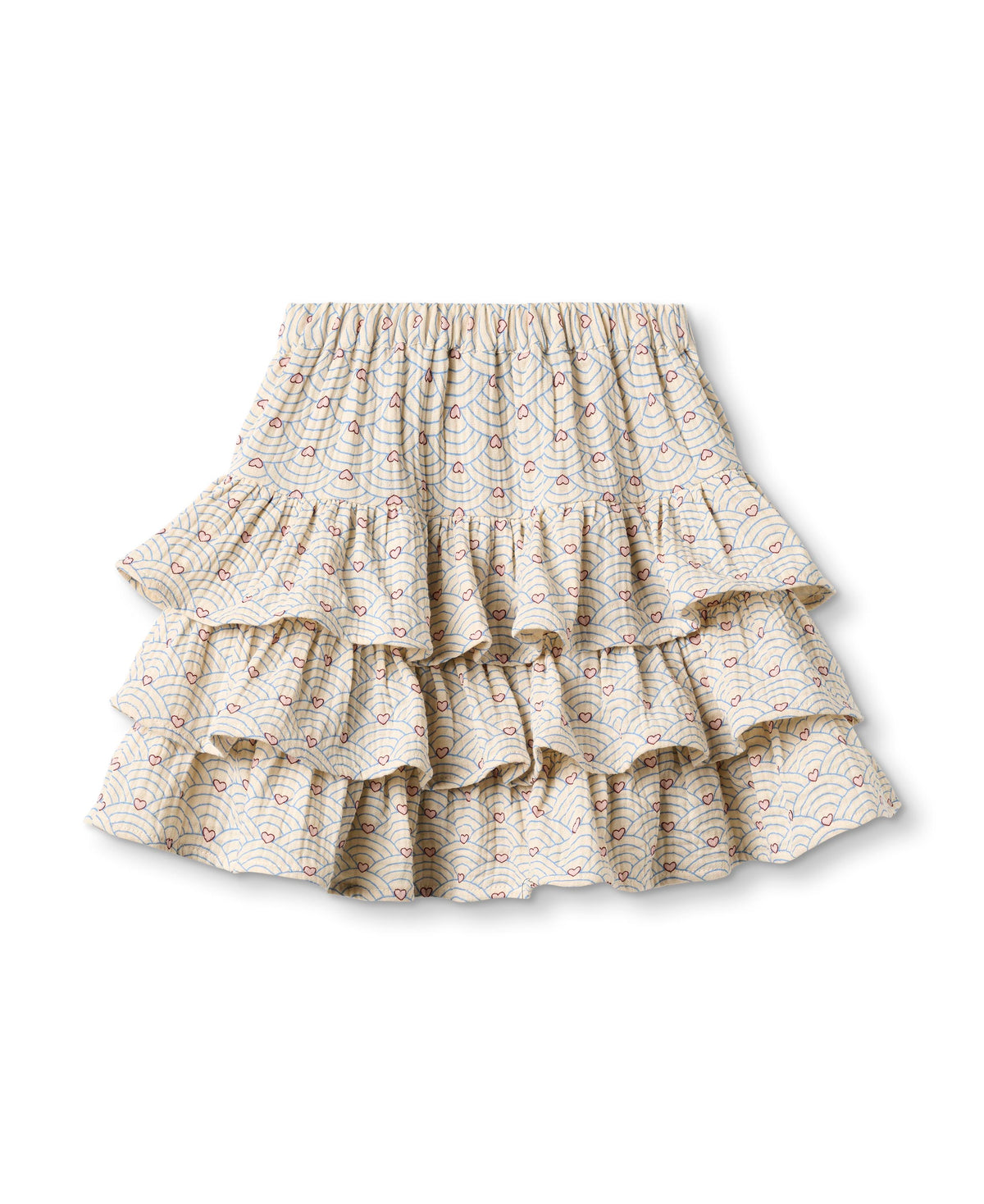 Back of the sand-coloured tiered ruffle skirt, showing the elasticated waistband and gathered tiers
