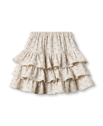 Back of the sand-coloured tiered ruffle skirt, showing the elasticated waistband and gathered tiers