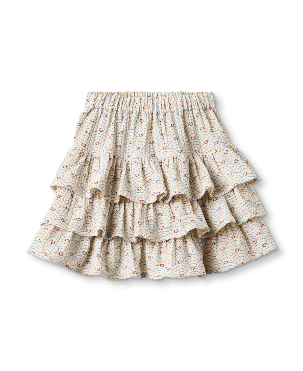 Sand-coloured tiered ruffle skirt with a small wave and heart print, shown flat